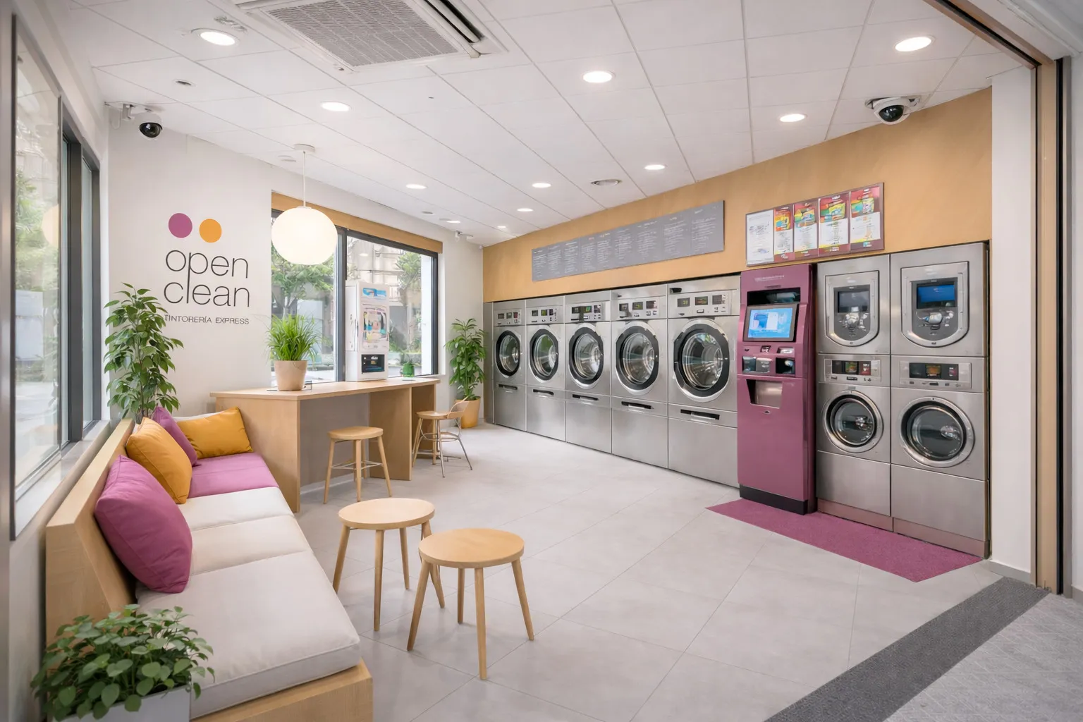 Interior luminoso de una lavandería autoservicio OpenClean: madera cálida, plantas, asientos cómodos y máquinas industriales